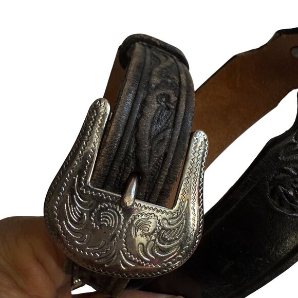 VTG Silver Creek Embossed Tooled Leather Hearts Western Belt Women's Black - Picture 2 of 7